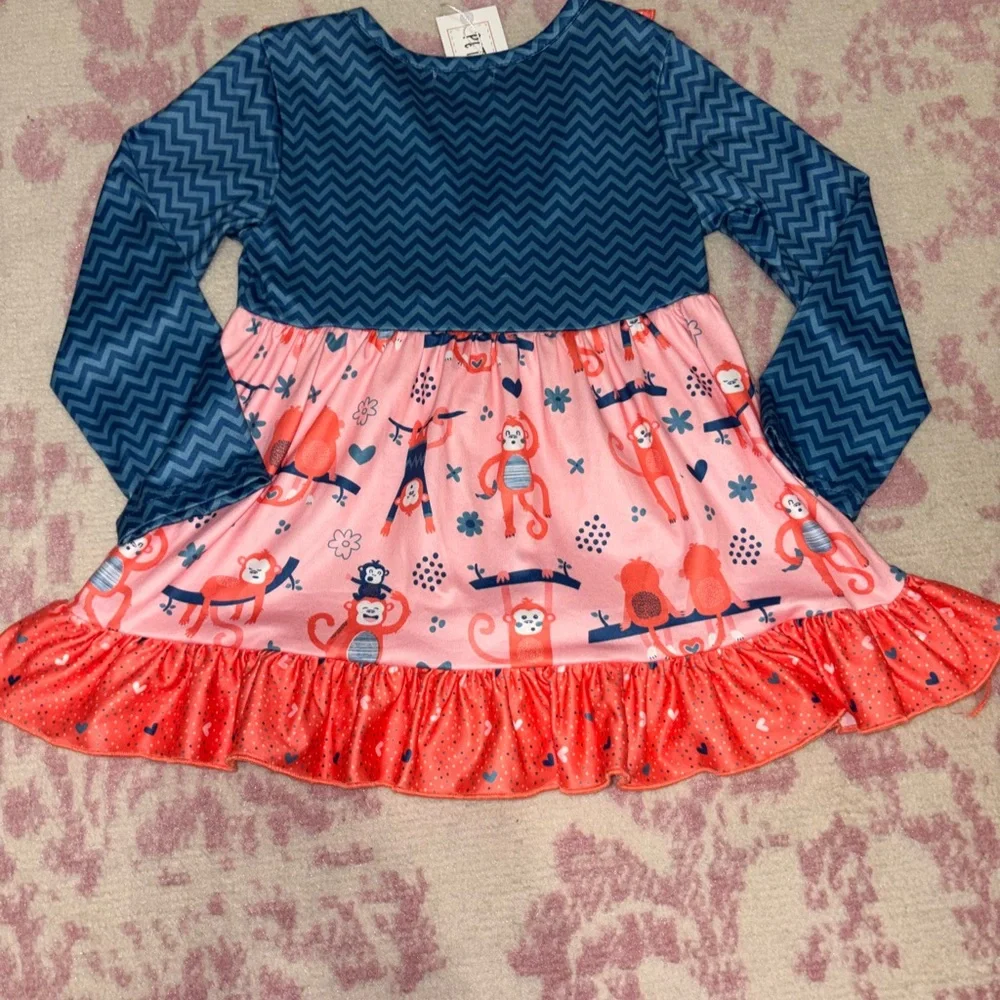 Pete + Lucy Navy Blue Chevron & Coral Monkey Ruffle Matching Set 3T Girls